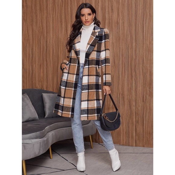 BohoGypsyDreamer.com Jackets & Blazers - long trench coat Single Button Plaid pea Coat camel tan black fall  long line